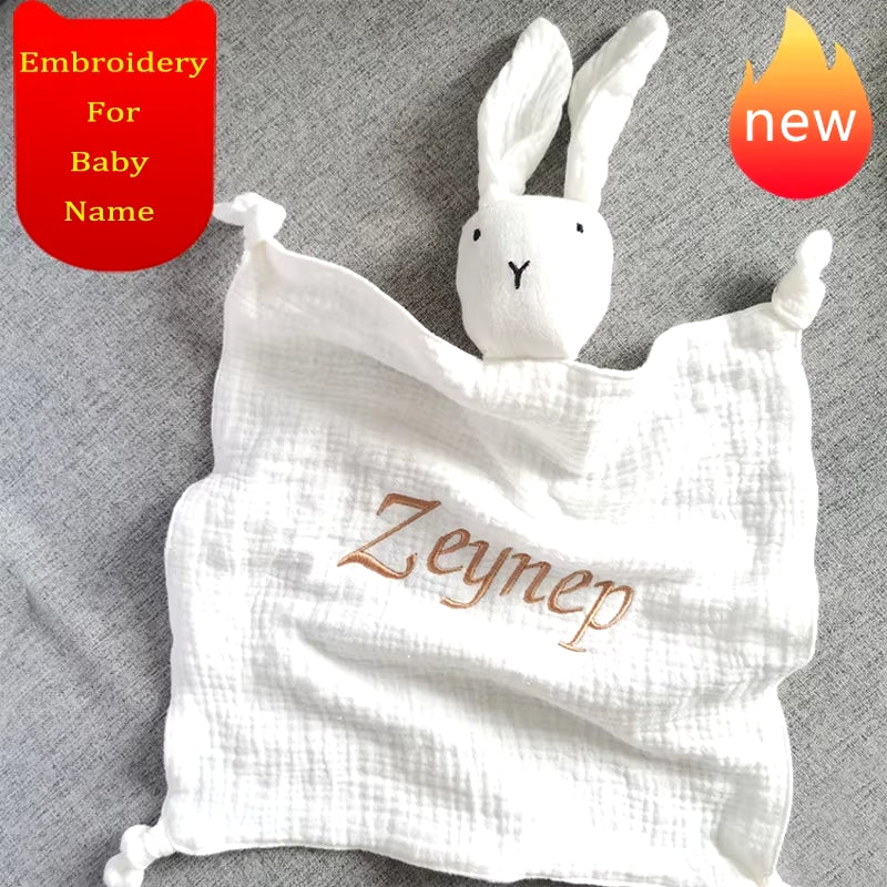 Name Embroided Kids Sleep Toy Soothe Appease Towel Bibs Custom Newborn Sleeping Dolls Baby Cotton Muslin Comforter Blanket