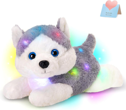 13'' Gray Light up Husky Stuffed Animal Dog Soft Plush Night Light Puppy Toy Hugging Pillow Companion Holiday Christmas Birthday Present for Kids Boys Girls Toddlers