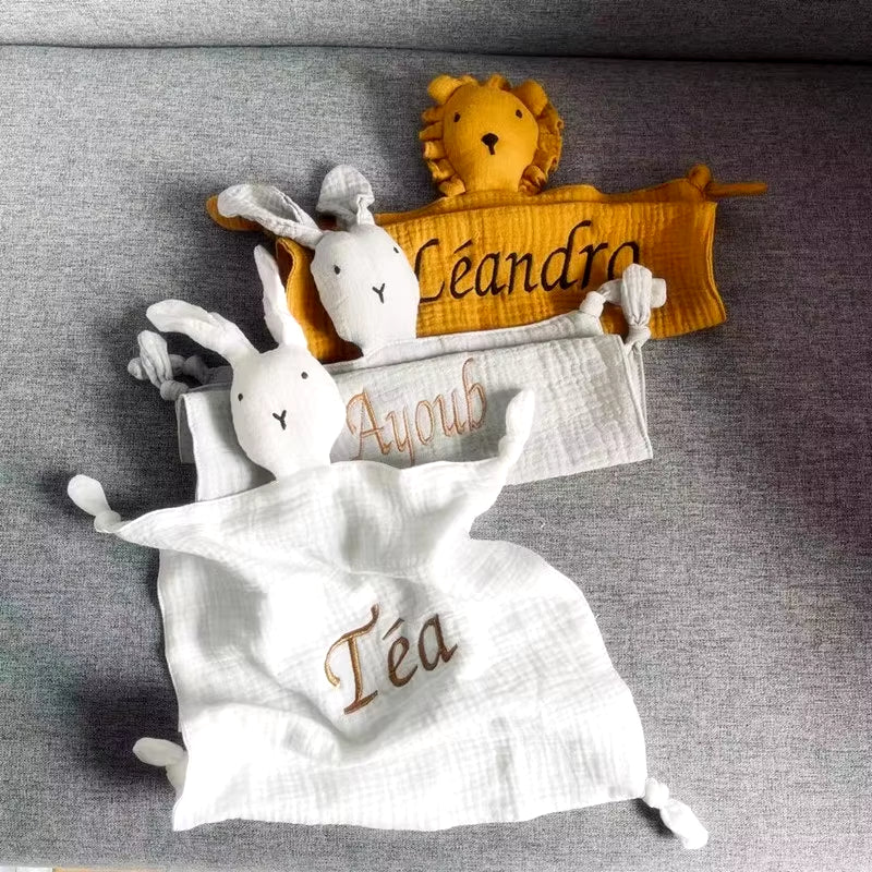 Name Embroided Kids Sleep Toy Soothe Appease Towel Bibs Custom Newborn Sleeping Dolls Baby Cotton Muslin Comforter Blanket