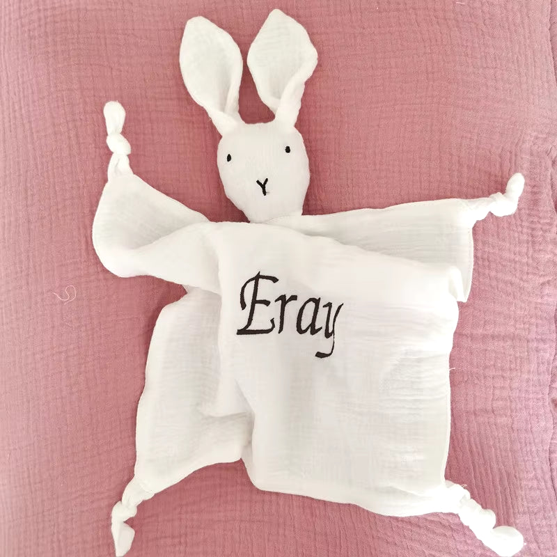 Name Embroided Kids Sleep Toy Soothe Appease Towel Bibs Custom Newborn Sleeping Dolls Baby Cotton Muslin Comforter Blanket