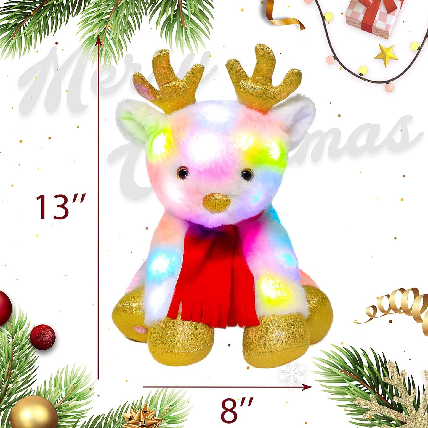 White Reindeer LED Musical Stuffed Animal Light-Up Singing Plush Elf Adjustable Volume Lullaby Plushies Birthday Christmas Toy Gifts for Kids Toddler Girls, 13"