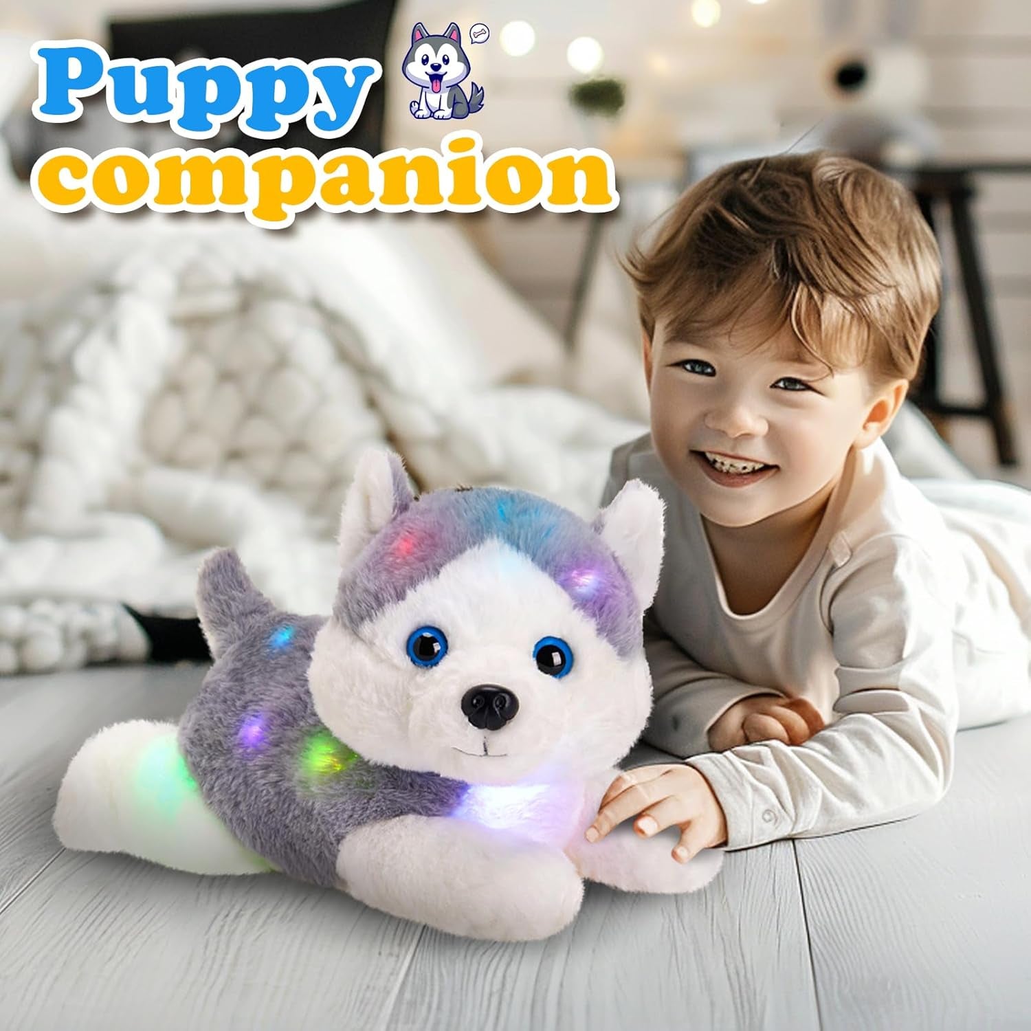 13'' Gray Light up Husky Stuffed Animal Dog Soft Plush Night Light Puppy Toy Hugging Pillow Companion Holiday Christmas Birthday Present for Kids Boys Girls Toddlers