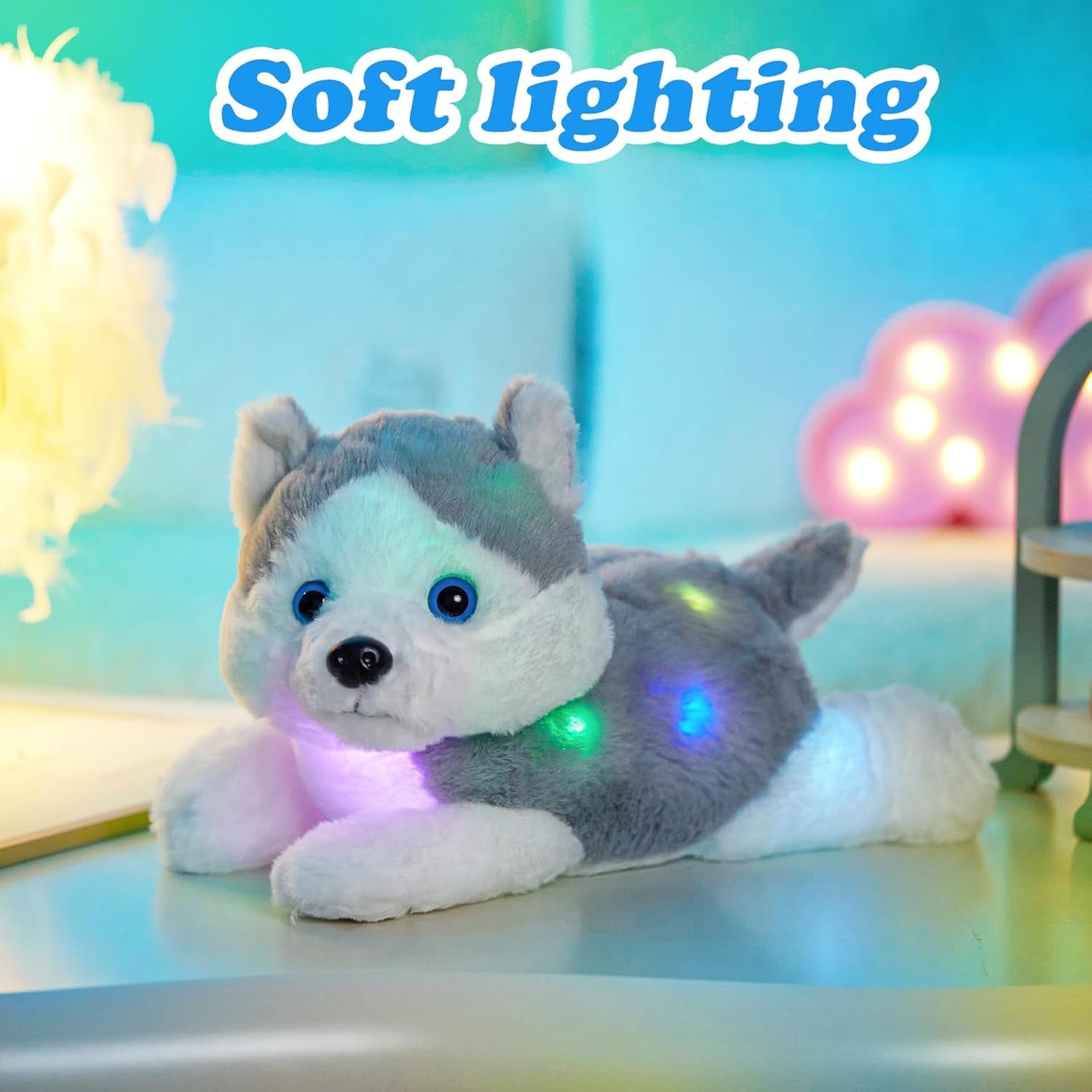 13'' Gray Light up Husky Stuffed Animal Dog Soft Plush Night Light Puppy Toy Hugging Pillow Companion Holiday Christmas Birthday Present for Kids Boys Girls Toddlers