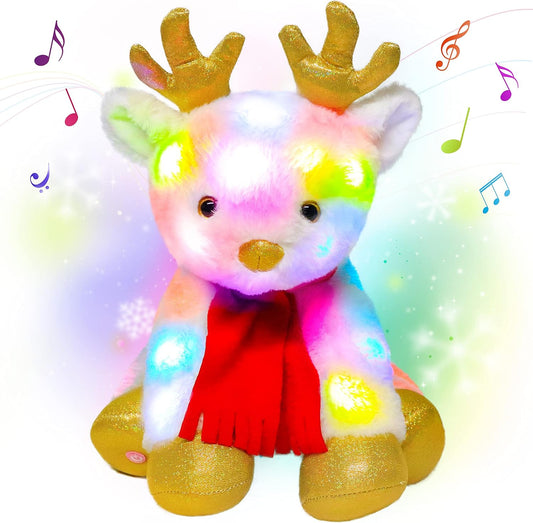 White Reindeer LED Musical Stuffed Animal Light-Up Singing Plush Elf Adjustable Volume Lullaby Plushies Birthday Christmas Toy Gifts for Kids Toddler Girls, 13"