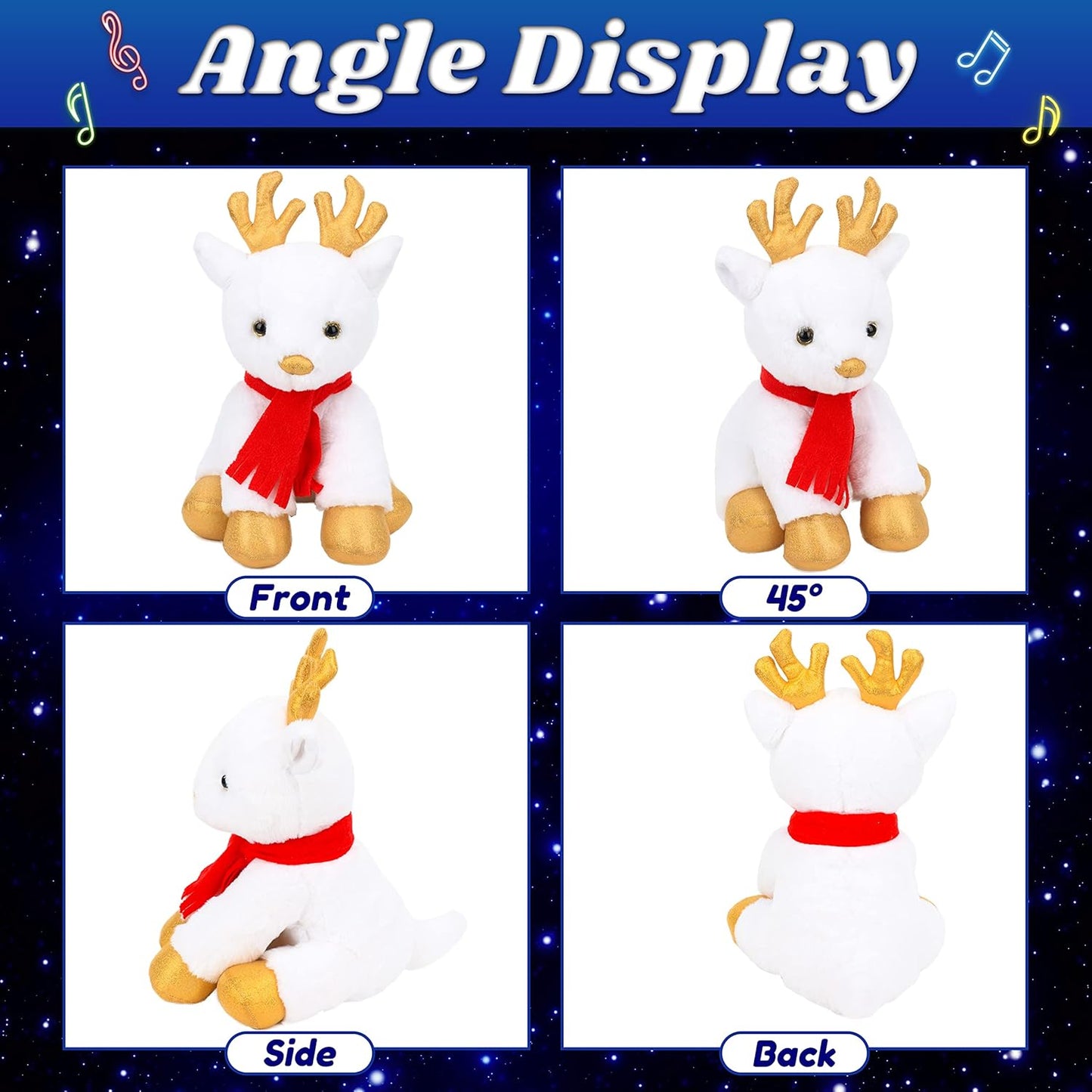 White Reindeer LED Musical Stuffed Animal Light-Up Singing Plush Elf Adjustable Volume Lullaby Plushies Birthday Christmas Toy Gifts for Kids Toddler Girls, 13"