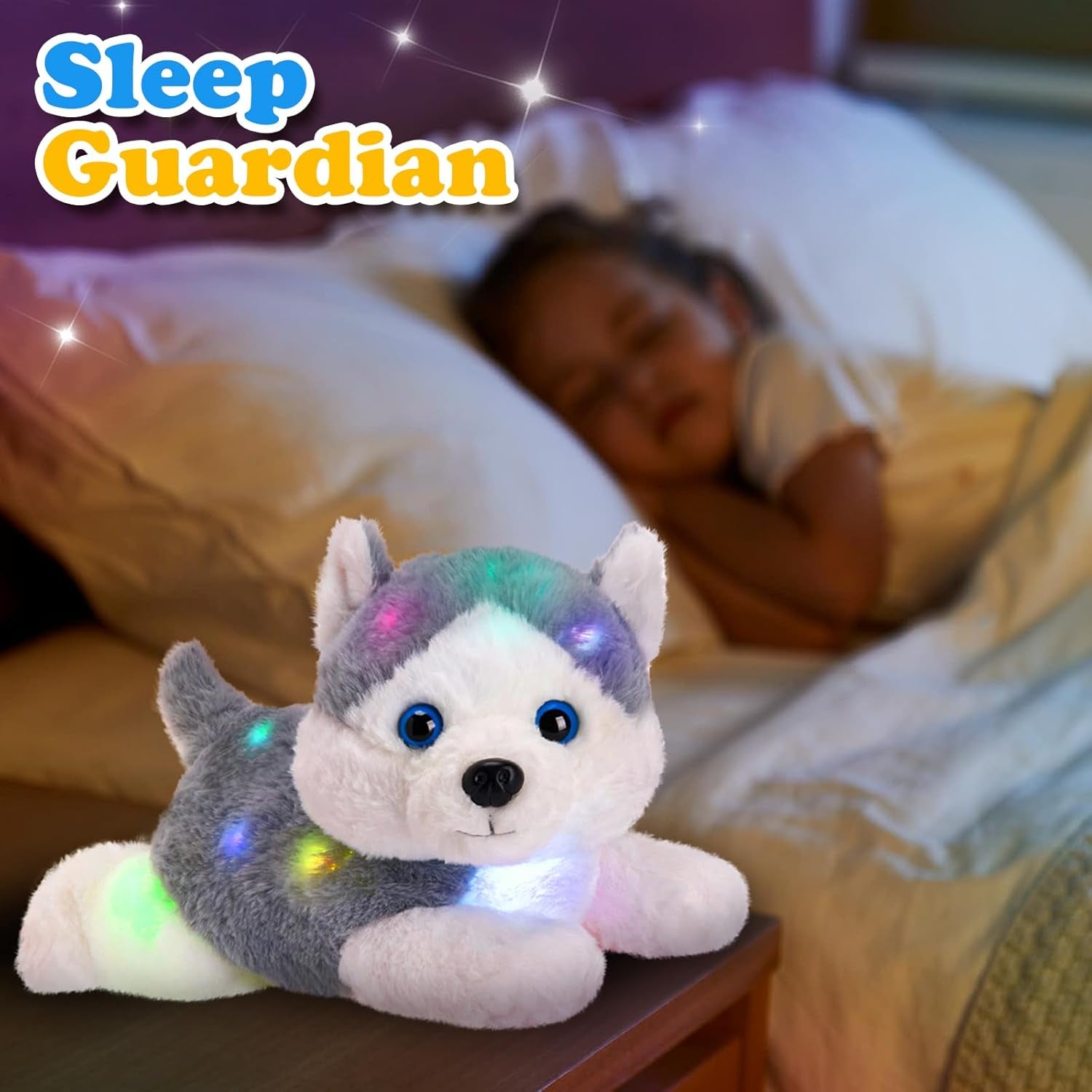 13'' Gray Light up Husky Stuffed Animal Dog Soft Plush Night Light Puppy Toy Hugging Pillow Companion Holiday Christmas Birthday Present for Kids Boys Girls Toddlers